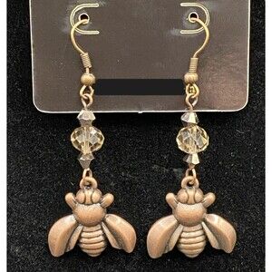 Handmade Antique Copper Tone Bee with Crystal Bead Earrings by Neanie-Bot